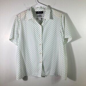 Womens Vintage Sag Harbor Short Sleeve Button Shirt White Green Polka Dot L‎